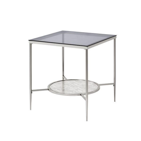 Acme LV00575 Wrought studio bock Adelrik square frosted top and round bubble glass shelf chrome finish frame end table