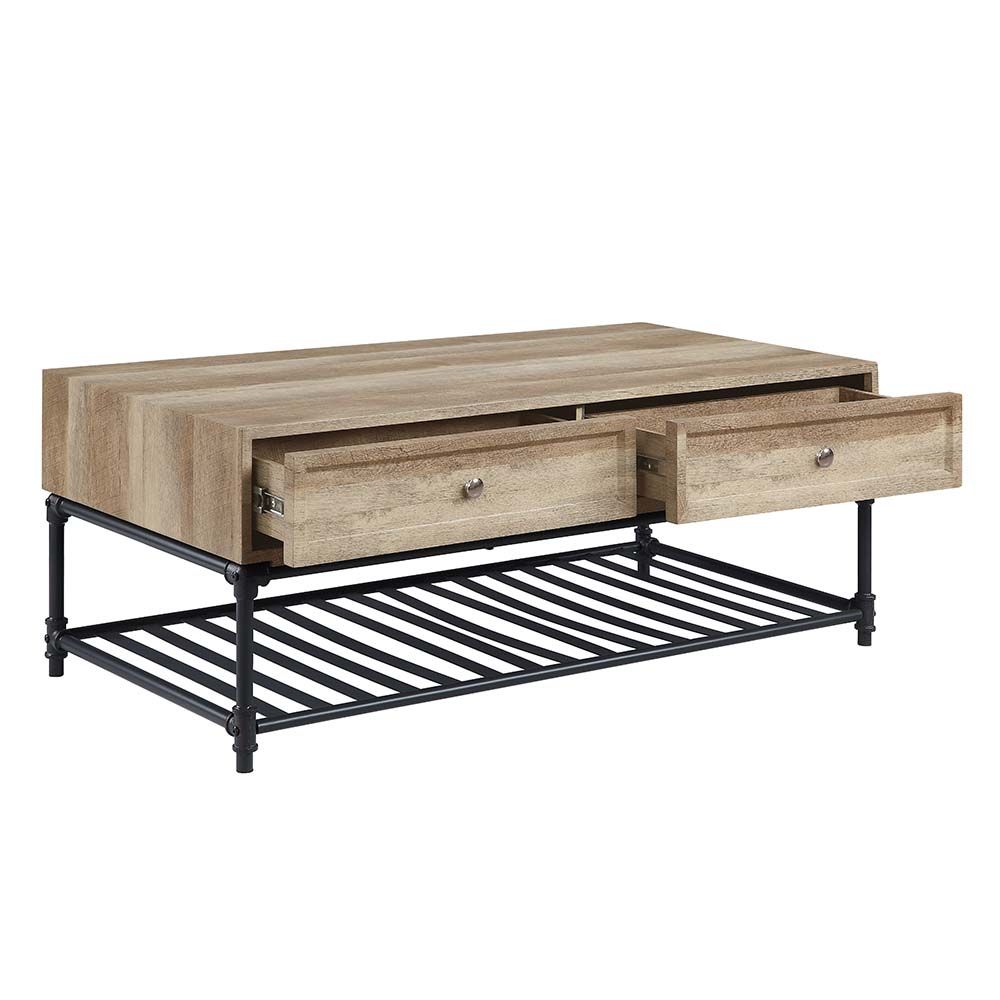 Acme LV00748 Latitude run Brantley oak finish wood sandy black finish metal industrial coffee table with drawers