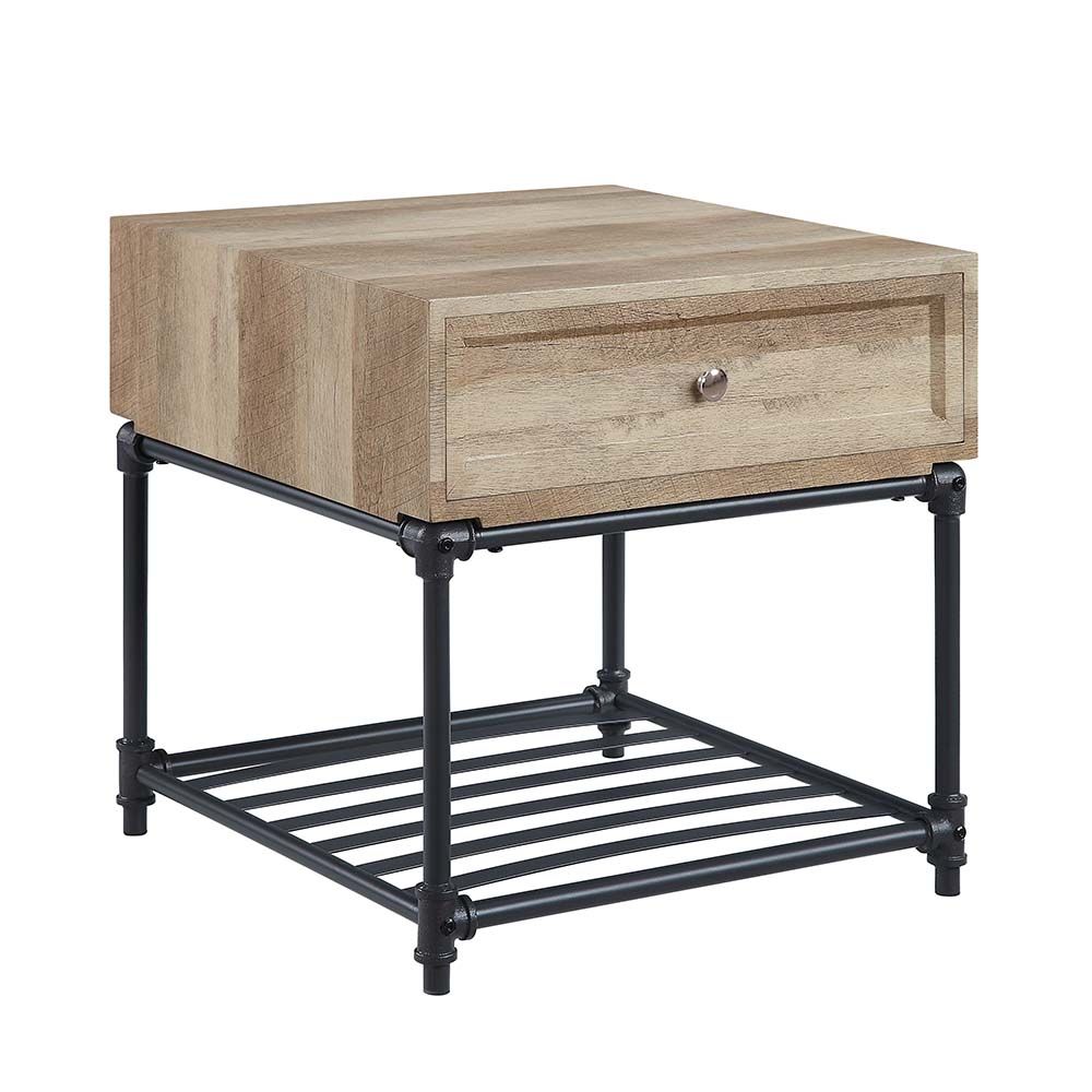 Acme LV00749 Latitude run Brantley oak finish wood sandy black finish metal industrial end table with drawers