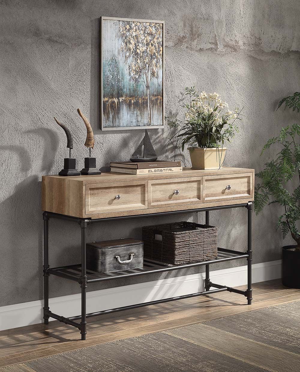 Acme LV00750 Latitude run Brantley oak finish wood sandy black finish metal industrial sofa entry hall console table with drawers