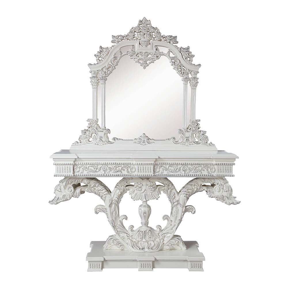 Acme LV00802 Astoria grand Vanaheim antique white finish wood french inspired Sofa table with ornate accents