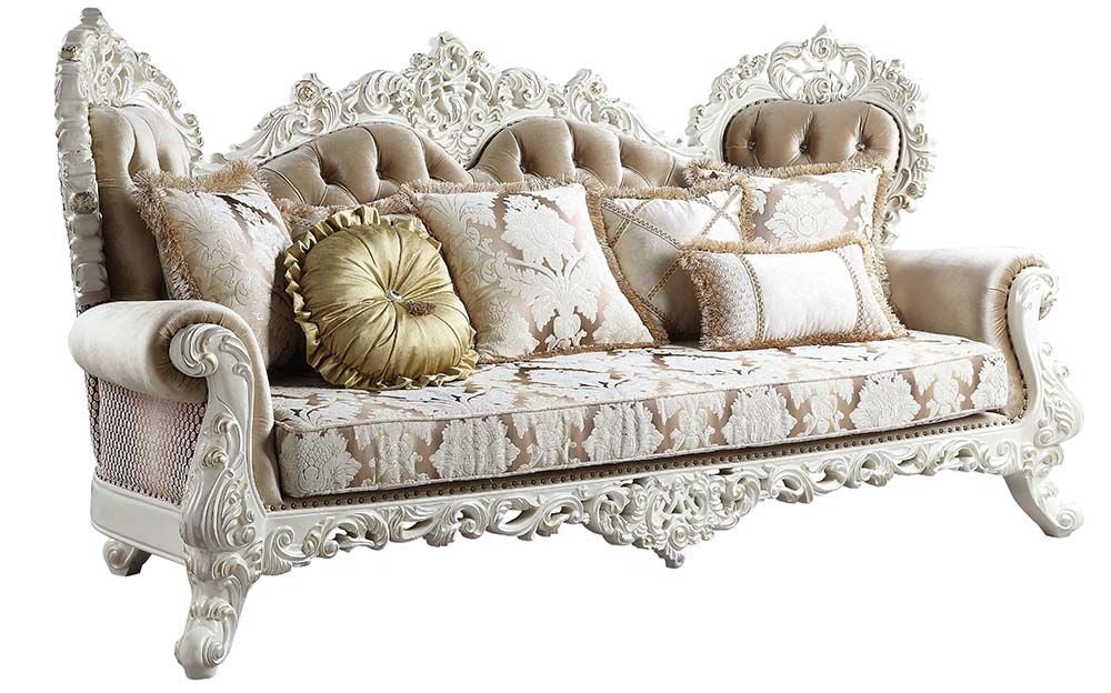 Acme LV00803-04 2 pc set Astoria grand Vanaheim antique white finish wood french inspired sofa and love seat with ornate accents