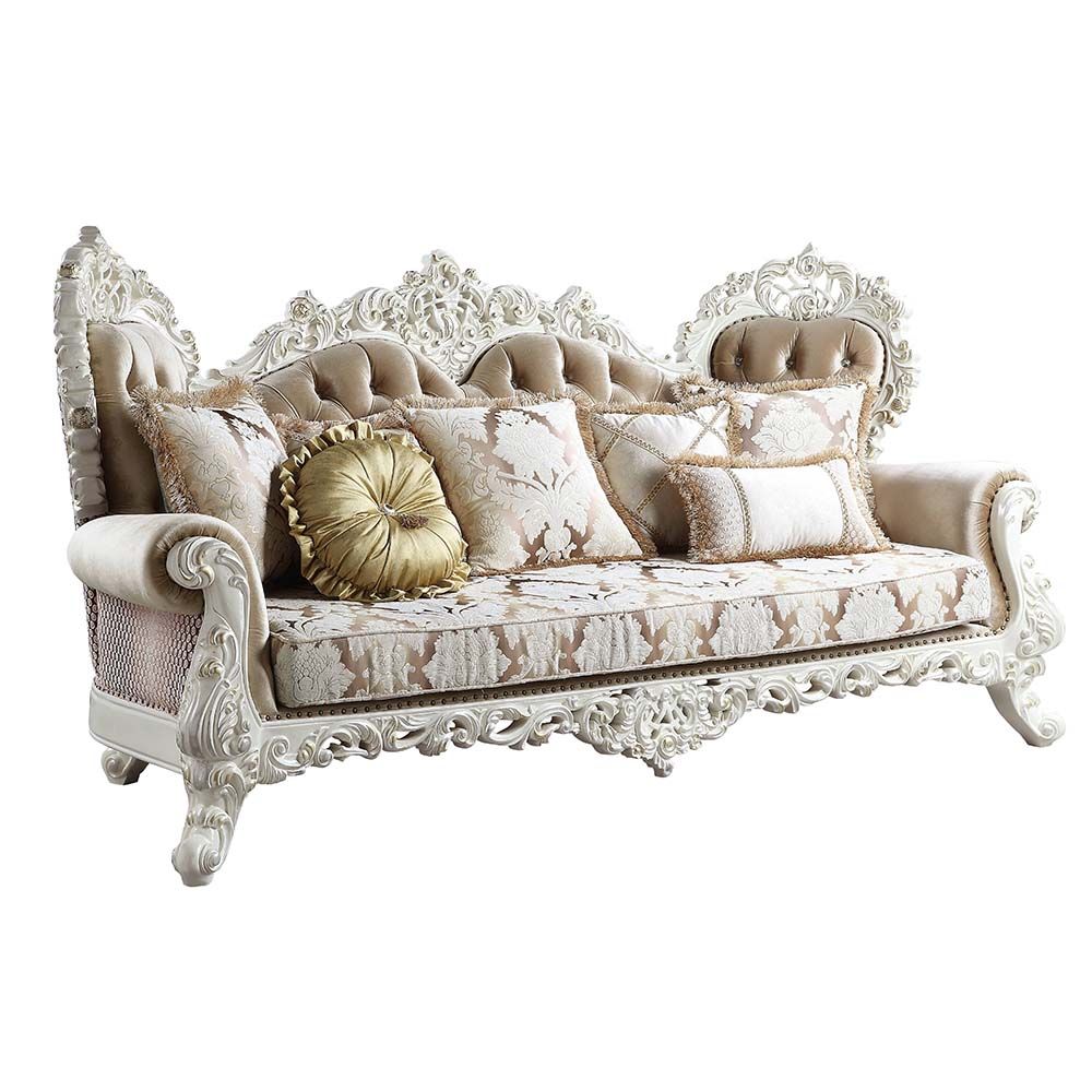 Acme LV00803 Astoria grand Vanaheim antique white finish wood french inspired sofa with ornate accents