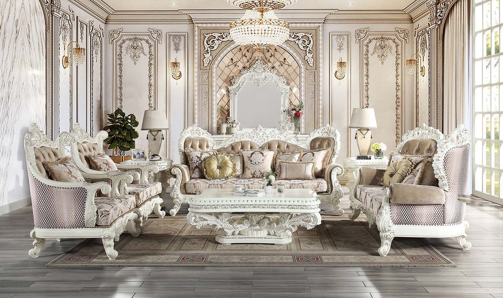 Acme LV00803-04 2 pc set Astoria grand Vanaheim antique white finish wood french inspired sofa and love seat with ornate accents