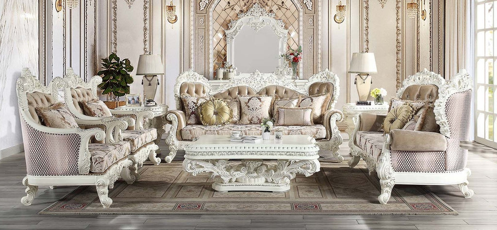 Acme LV00803-04 2 pc set Astoria grand Vanaheim antique white finish wood french inspired sofa and love seat with ornate accents