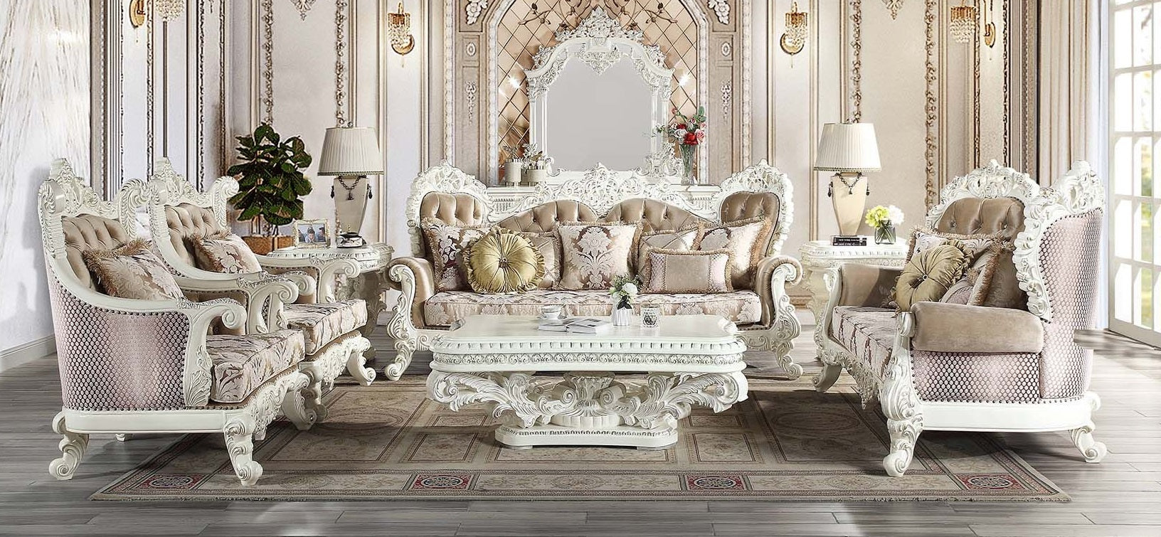 Acme LV00803-04 2 pc set Astoria grand Vanaheim antique white finish wood french inspired sofa and love seat with ornate accents