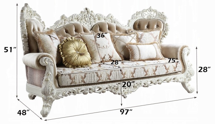 Acme LV00803-04 2 pc set Astoria grand Vanaheim antique white finish wood french inspired sofa and love seat with ornate accents