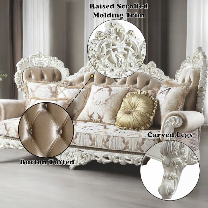 Acme LV00803-04 2 pc set Astoria grand Vanaheim antique white finish wood french inspired sofa and love seat with ornate accents