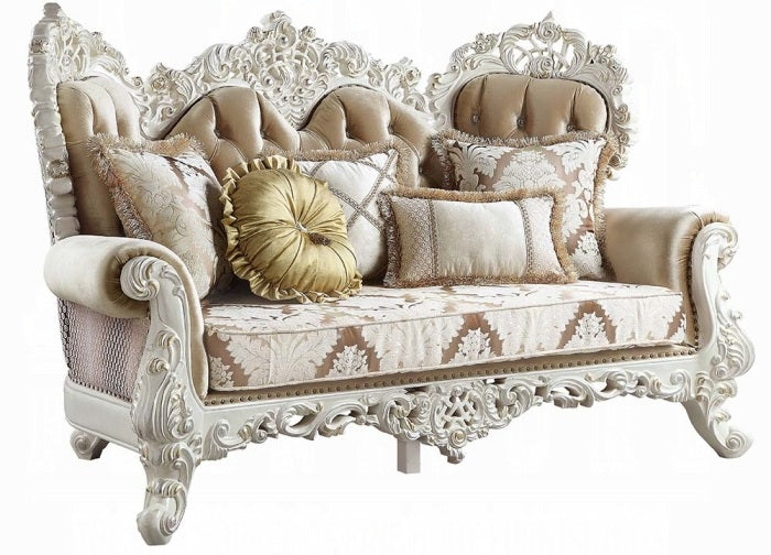 Acme LV00803-04 2 pc set Astoria grand Vanaheim antique white finish wood french inspired sofa and love seat with ornate accents