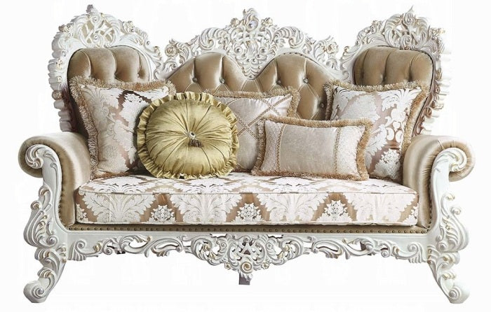 Acme LV00803-04 2 pc set Astoria grand Vanaheim antique white finish wood french inspired sofa and love seat with ornate accents