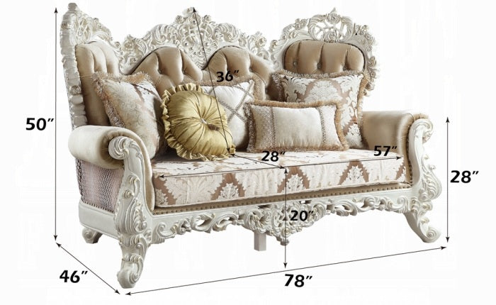 Acme LV00803-04 2 pc set Astoria grand Vanaheim antique white finish wood french inspired sofa and love seat with ornate accents