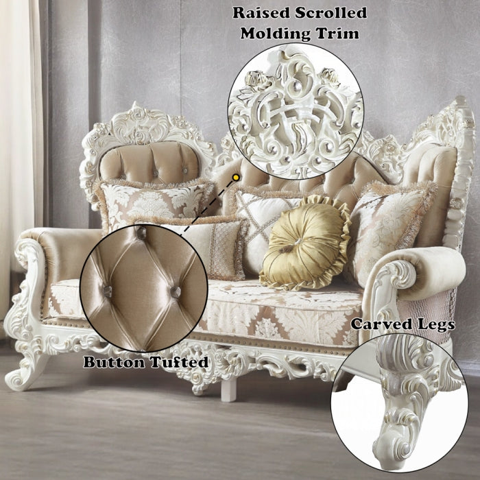 Acme LV00803-04 2 pc set Astoria grand Vanaheim antique white finish wood french inspired sofa and love seat with ornate accents