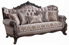 Acme LV00809-10 2 pc set Fairbanks antique oak finish wood fabric tufted backs sofa and love seat set with ornate accents