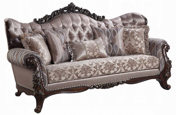 Acme LV00809-10 2 pc set Fairbanks antique oak finish wood fabric tufted backs sofa and love seat set with ornate accents