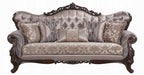 Acme LV00809-10 2 pc set Fairbanks antique oak finish wood fabric tufted backs sofa and love seat set with ornate accents
