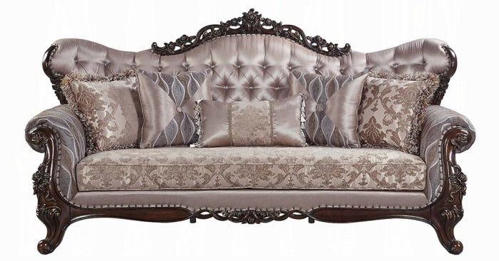 Acme LV00809-10 2 pc set Fairbanks antique oak finish wood fabric tufted backs sofa and love seat set with ornate accents