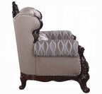 Acme LV00809-10 2 pc set Fairbanks antique oak finish wood fabric tufted backs sofa and love seat set with ornate accents