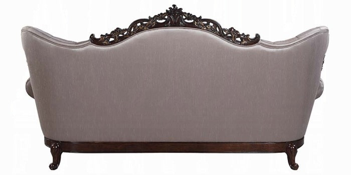 Acme LV00809-10 2 pc set Fairbanks antique oak finish wood fabric tufted backs sofa and love seat set with ornate accents