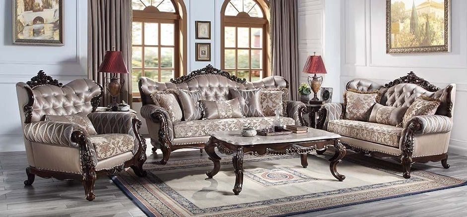Acme LV00809-10 2 pc set Fairbanks antique oak finish wood fabric tufted backs sofa and love seat set with ornate accents
