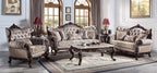 Acme LV00809-10 2 pc set Fairbanks antique oak finish wood fabric tufted backs sofa and love seat set with ornate accents