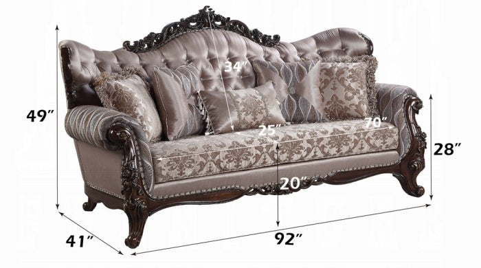 Acme LV00809-10 2 pc set Fairbanks antique oak finish wood fabric tufted backs sofa and love seat set with ornate accents