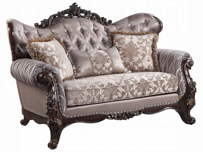 Acme LV00809-10 2 pc set Fairbanks antique oak finish wood fabric tufted backs sofa and love seat set with ornate accents