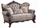 Acme LV00809-10 2 pc set Fairbanks antique oak finish wood fabric tufted backs sofa and love seat set with ornate accents