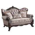 Acme LV00810 Rosdorf park fairbanks benbek antique oak finish wood fabric tufted backs love seat with ornate accents