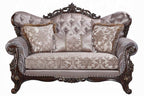 Acme LV00809-10 2 pc set Fairbanks antique oak finish wood fabric tufted backs sofa and love seat set with ornate accents