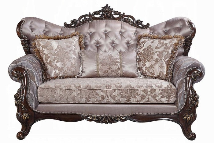 Acme LV00809-10 2 pc set Fairbanks antique oak finish wood fabric tufted backs sofa and love seat set with ornate accents