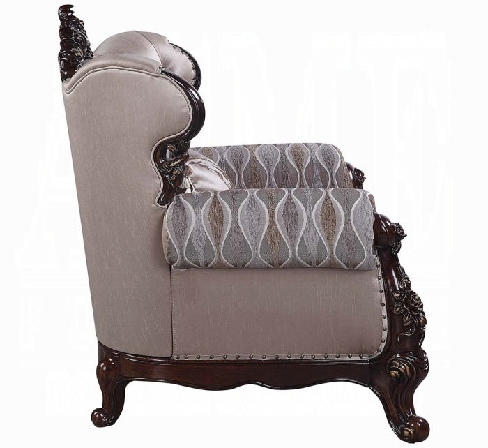 Acme LV00809-10 2 pc set Fairbanks antique oak finish wood fabric tufted backs sofa and love seat set with ornate accents