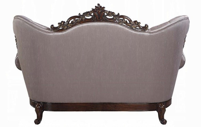 Acme LV00809-10 2 pc set Fairbanks antique oak finish wood fabric tufted backs sofa and love seat set with ornate accents