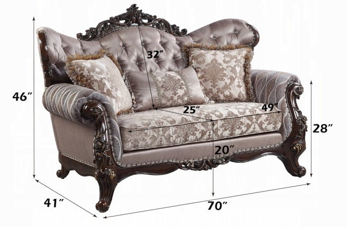 Acme LV00809-10 2 pc set Fairbanks antique oak finish wood fabric tufted backs sofa and love seat set with ornate accents