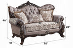 Acme LV00809-10 2 pc set Fairbanks antique oak finish wood fabric tufted backs sofa and love seat set with ornate accents