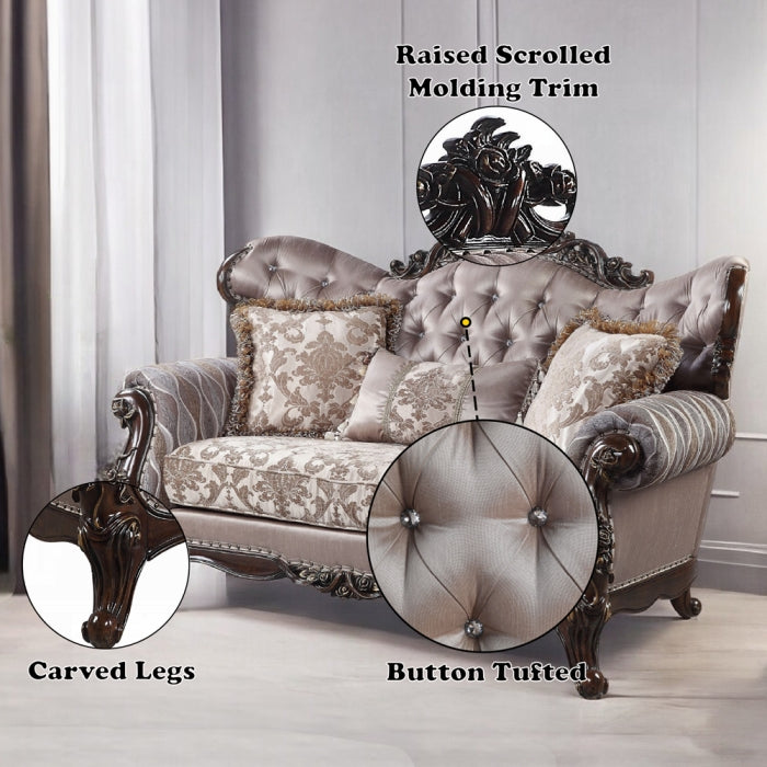 Acme LV00809-10 2 pc set Fairbanks antique oak finish wood fabric tufted backs sofa and love seat set with ornate accents