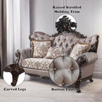 Acme LV00809-10 2 pc set Fairbanks antique oak finish wood fabric tufted backs sofa and love seat set with ornate accents