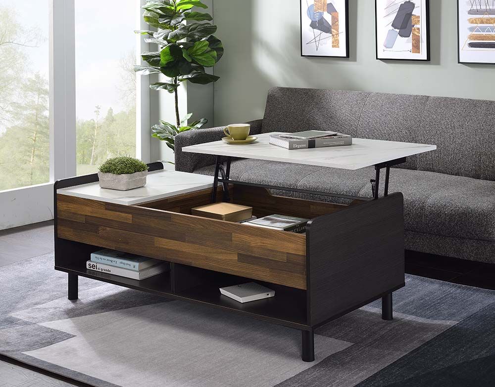 Acme LV00828 Winston porter laverly Axel faux marble top black and walnut finish wood lift top coffee table with drawer