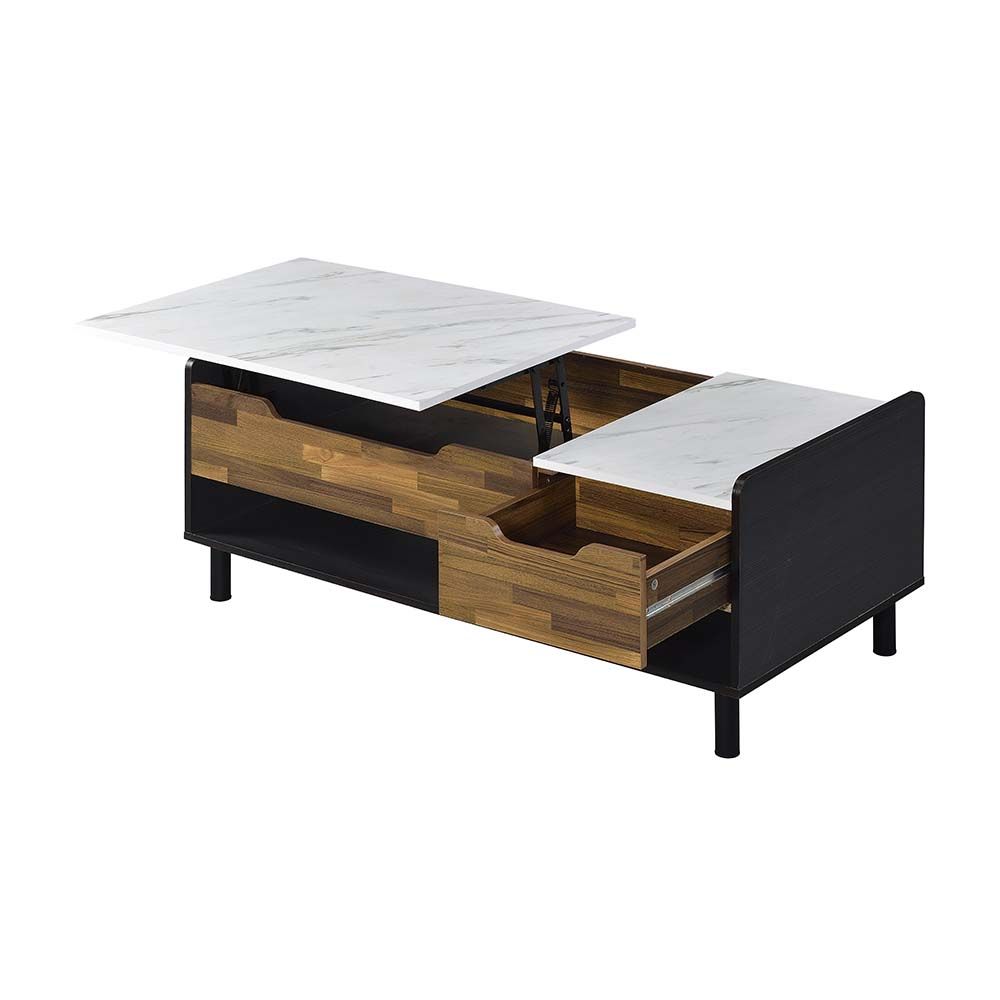 Acme LV00828 Winston porter laverly Axel faux marble top black and walnut finish wood lift top coffee table with drawer