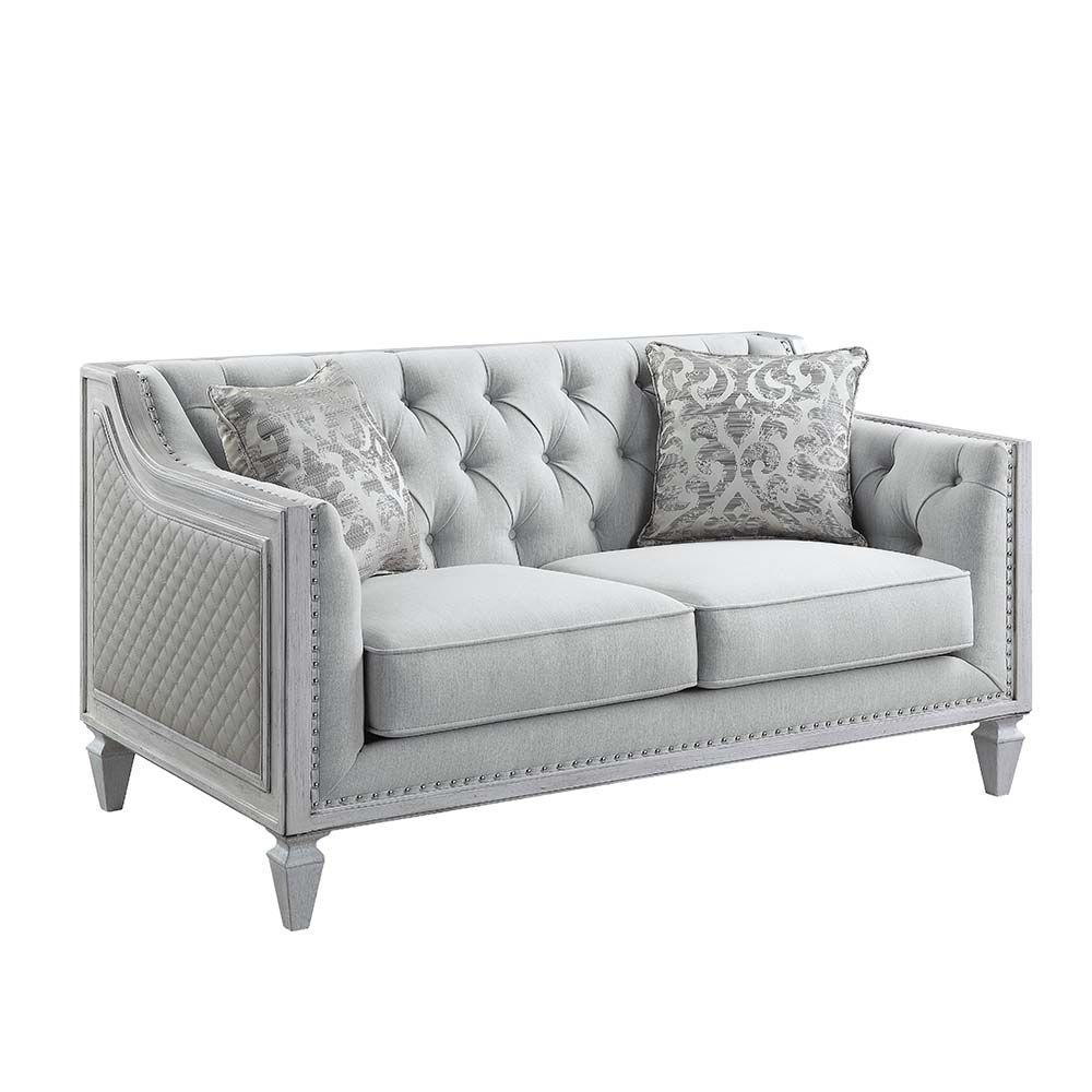 Acme LV01050  Rosdorf park katiai light grey linen fabric rustic gray & weathered white finish wood love seat