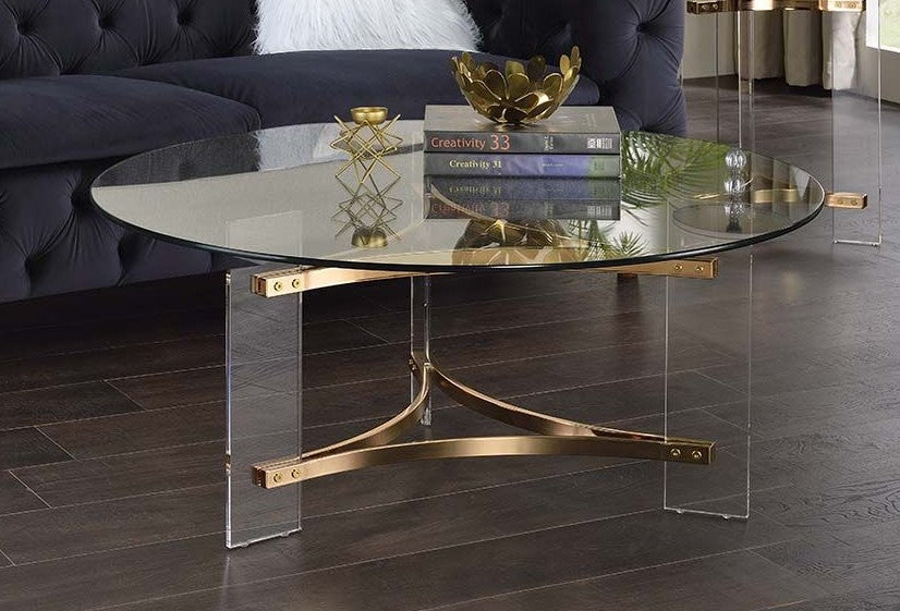 Acme LV01083 Everly quinn Sosi gold finish metal angular frame clear round glass top and legs coffee table