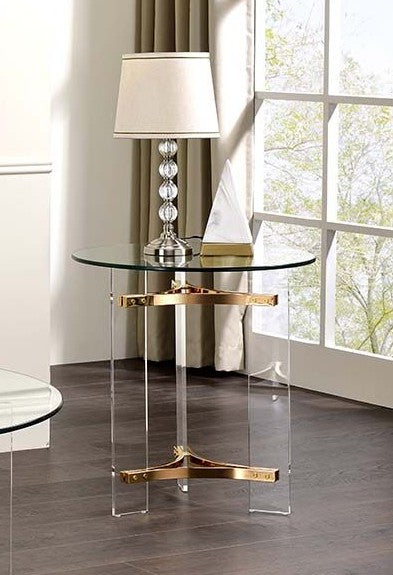 Acme LV01084 Everly quinn Sosi gold finish metal angular frame clear round glass top and legs end table