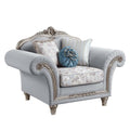 Acme LV01114  Rosdorf park pelumi light grey linen fabric platinum finish wood carved accents oversized accent chair