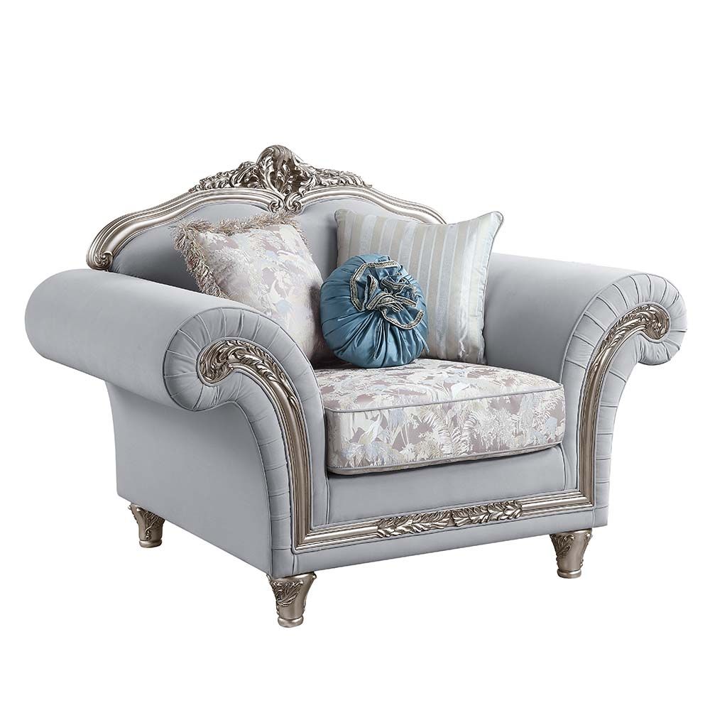 Acme LV01114  Rosdorf park pelumi light grey linen fabric platinum finish wood carved accents oversized accent chair