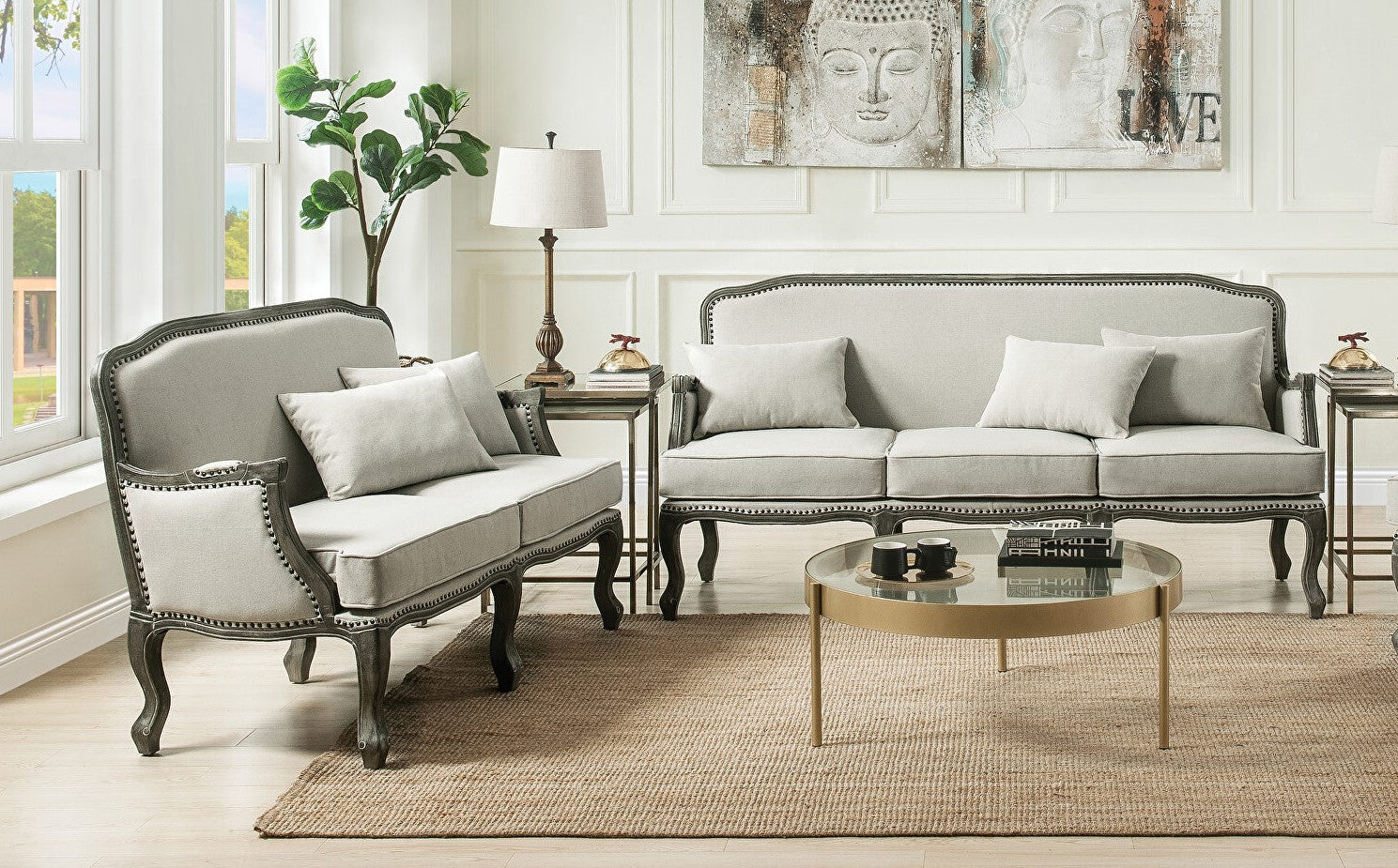 Acme LV01130-31 2 pc Gracie oaks highbridge Tania cream linen fabric pocket coil seating brown finish wood accents sofa and love seat set