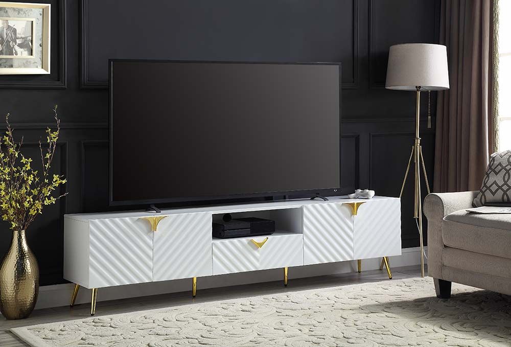 Acme LV01138 Tyra gaines mid century retro modern white finish wood 79" tv stand gold accents