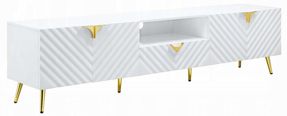 Acme LV01138 Tyra gaines mid century retro modern white finish wood 79" tv stand gold accents