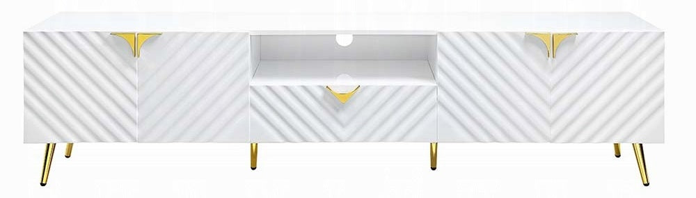 Acme LV01138 Tyra gaines mid century retro modern white finish wood 79" tv stand gold accents