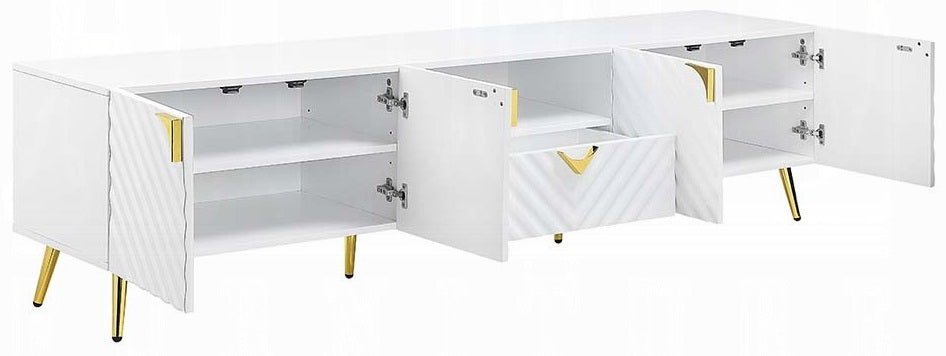 Acme LV01138 Tyra gaines mid century retro modern white finish wood 79" tv stand gold accents