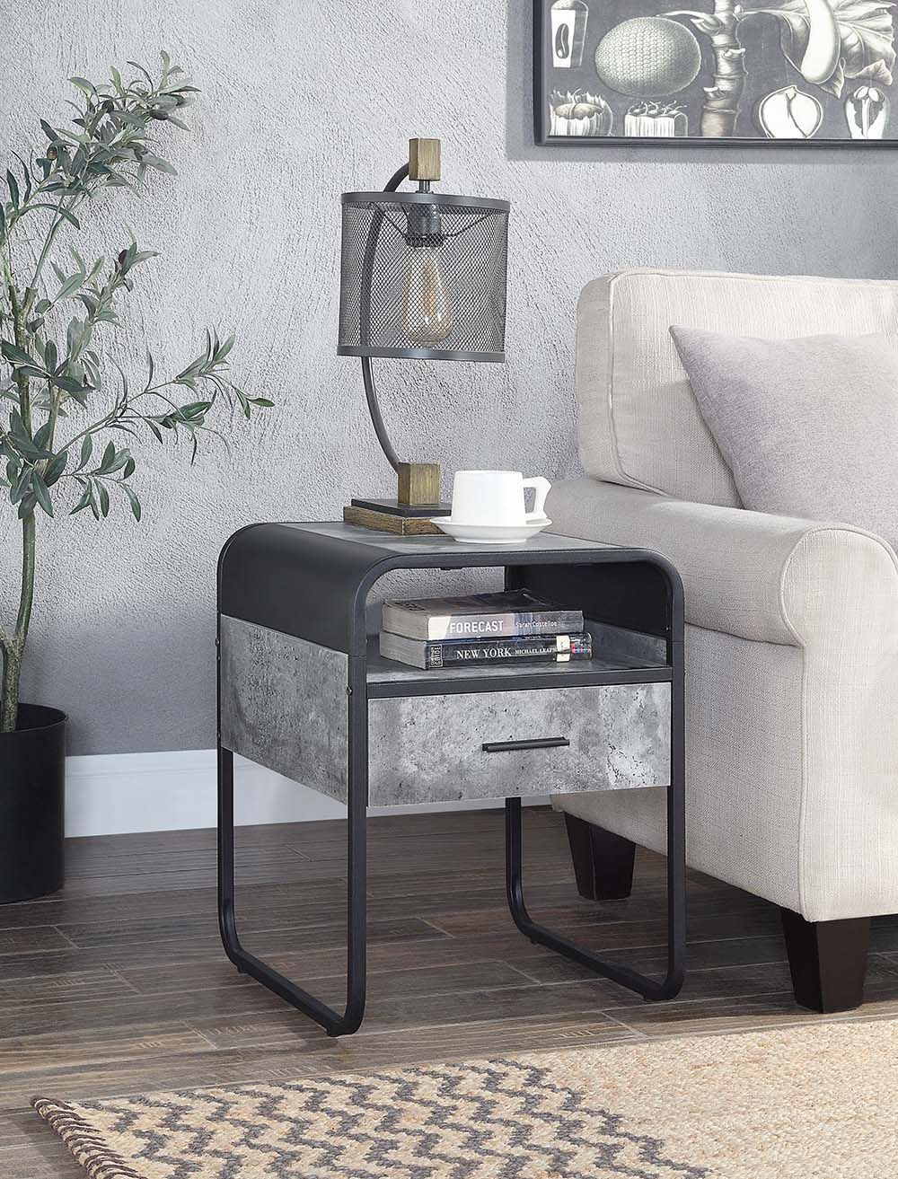 Acme LV01147 Latitude run Raziela concrete grey and black finish metal industrial end table with drawer