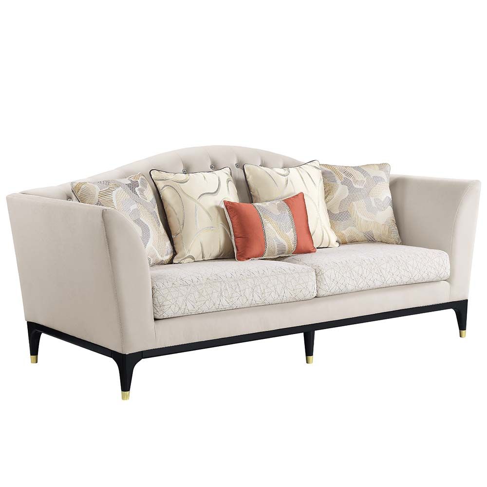 Acme LV01155-56 2 pc Rosdorf park tayden beige velvet fabric black finish wood sofa and love seat set